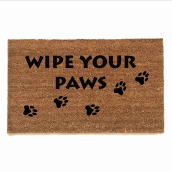 sustainable coir doormat with dog paw prints reading "wipe your paws"