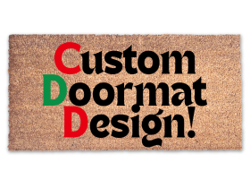 Custom personalized door mat, natural coir with bold black lettering on a front porch step, welcome mat gift