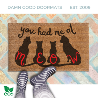 a person's feet in striped rain boots standing on a doormat with the phrase "you had me at meow" written on it and silhouettes of cats