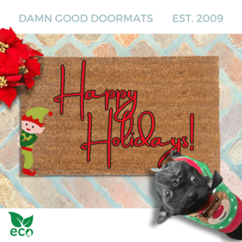Happy Holidays! Elf Christmas shown witha. black pug puppy in a christmas sweater