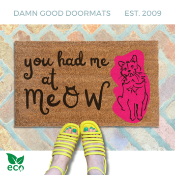 a pair of yellow strappy sandals on a brick floor, with a funny doormat. The text on the welcome mat reads "you had me at meow".