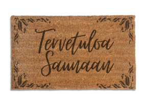 Natural coir doormat with black lettering reading tervetuloa saunaan, a Finnish sauna welcome mat
