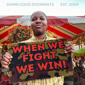 When we fight we win! | Orange camouflage doormat | Vote Blue Harris Walz President 2024