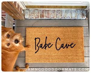 photo of an outdoor coir doormat reading "Babe Cave" with a red rescue terrier d