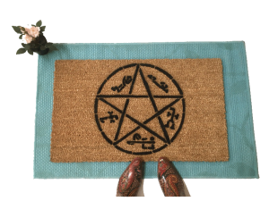 coir doormat with Devil's Trap pentagram design, Halloween welcome mat
