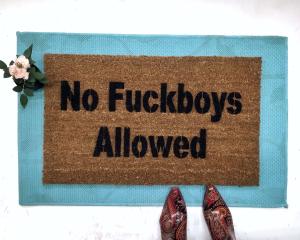 Sustainable coir doormat printed with 'No Fuckboys Allowed,' funny Fboy Island-style welcome mat