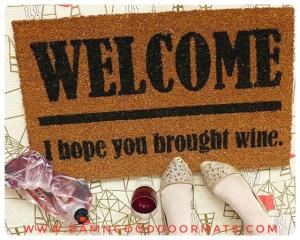Sustainable coir doormat printed with Wine, Beer, Weed, Cake, Tacos, Vodka funny welcome mat text