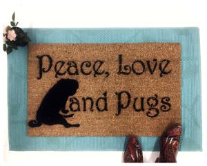 Peace Love & Pugs doormat dog lover gift