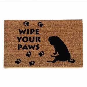 sustainable coir doormat with pug portrait, paw prints reading "wipe your paws"