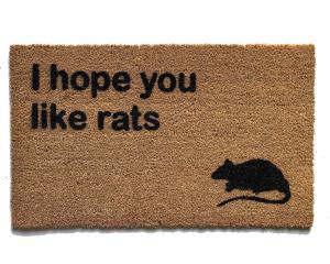 Coir welcome mat printed with 'I hope you like rats' funny doormat design