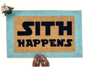 Sustainable coir doormat with black ‘Sith Happens’ Dark Jedi Star Wars design, outdoor welcome mat