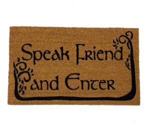 Tan coir doormat with Doors of Durin trees and "Speak Friend and Enter" Tolkien quote