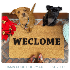 Sustainable coir welcome mat printed WECLOME, funny scrambled-letter doormat for front door