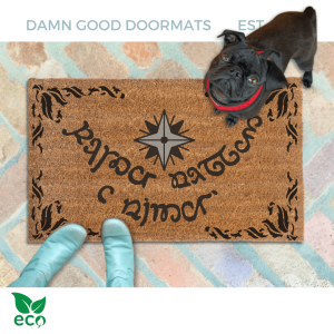 Black coir doormat with Tengwar Elvish script welcome mat design for Tolkien fans
