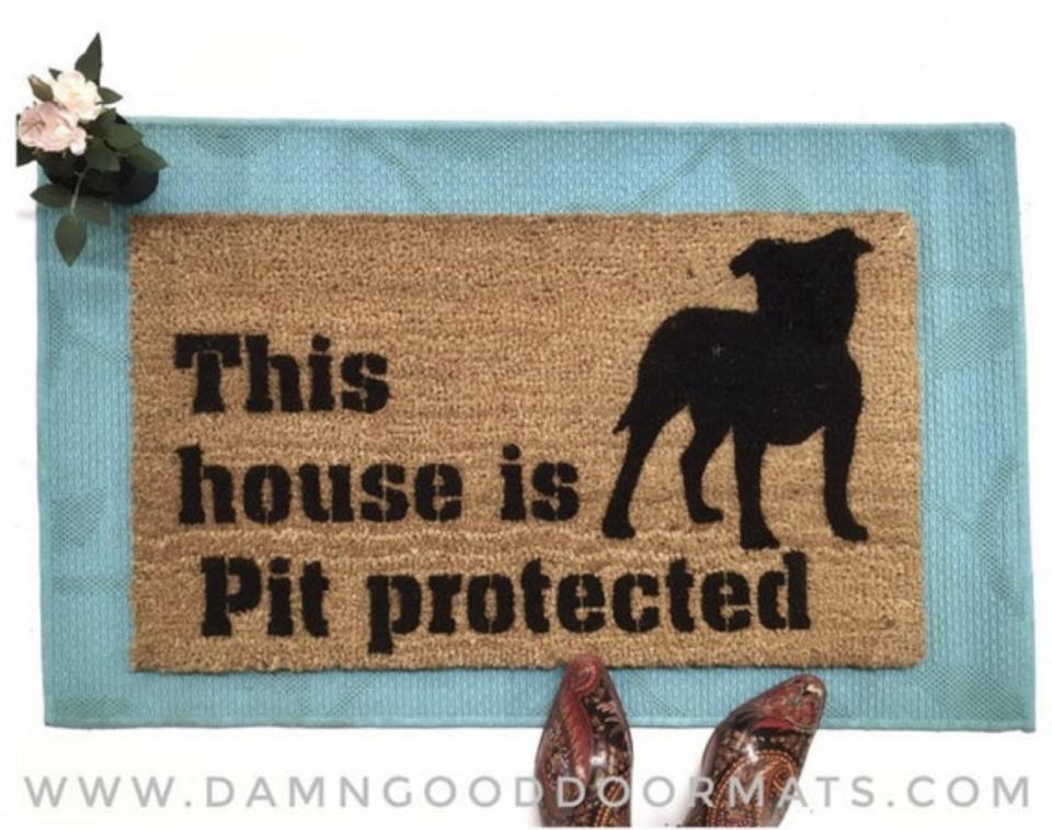 Pit Bull dog portrait doormat saying "This House Is Pit Bull Protected"