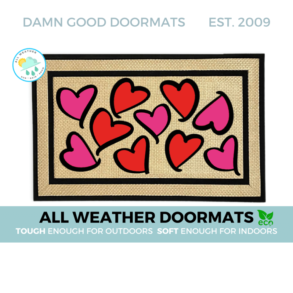 all weather valentines day coir damn good doormat with pink and red hearts all o