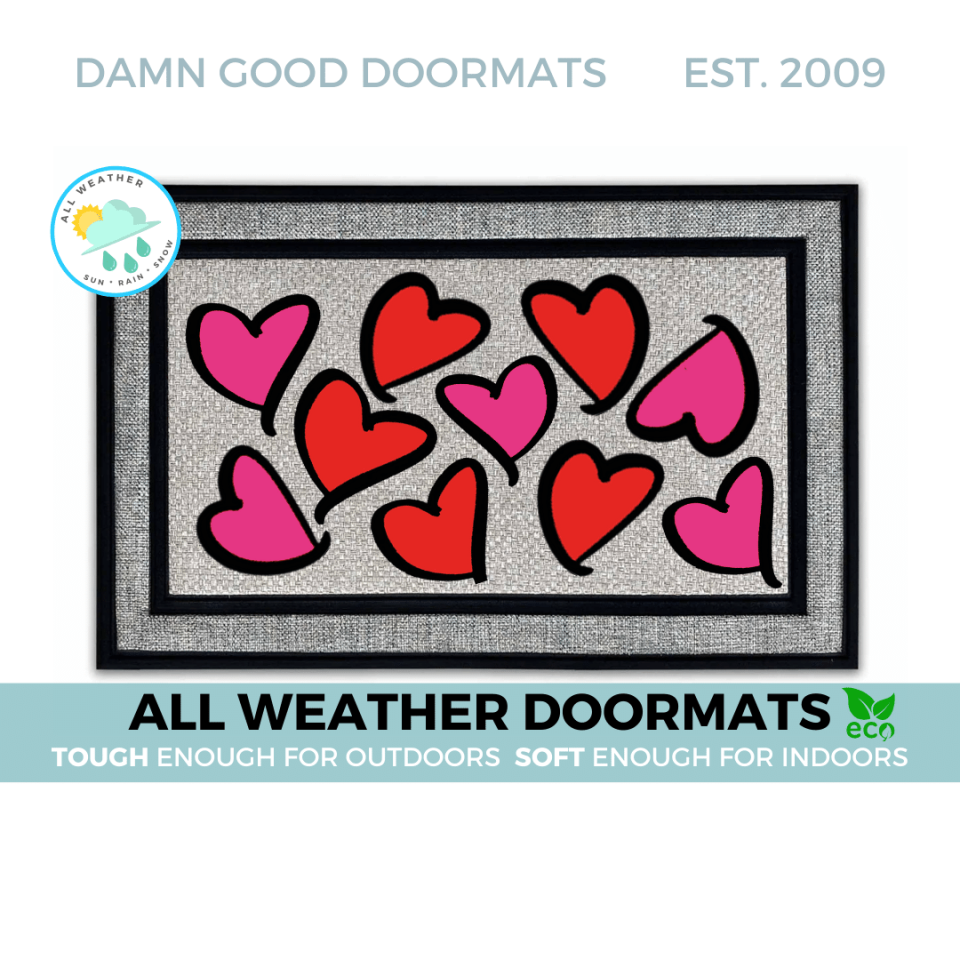 all weather valentines day coir damn good doormat with pink and red hearts all o