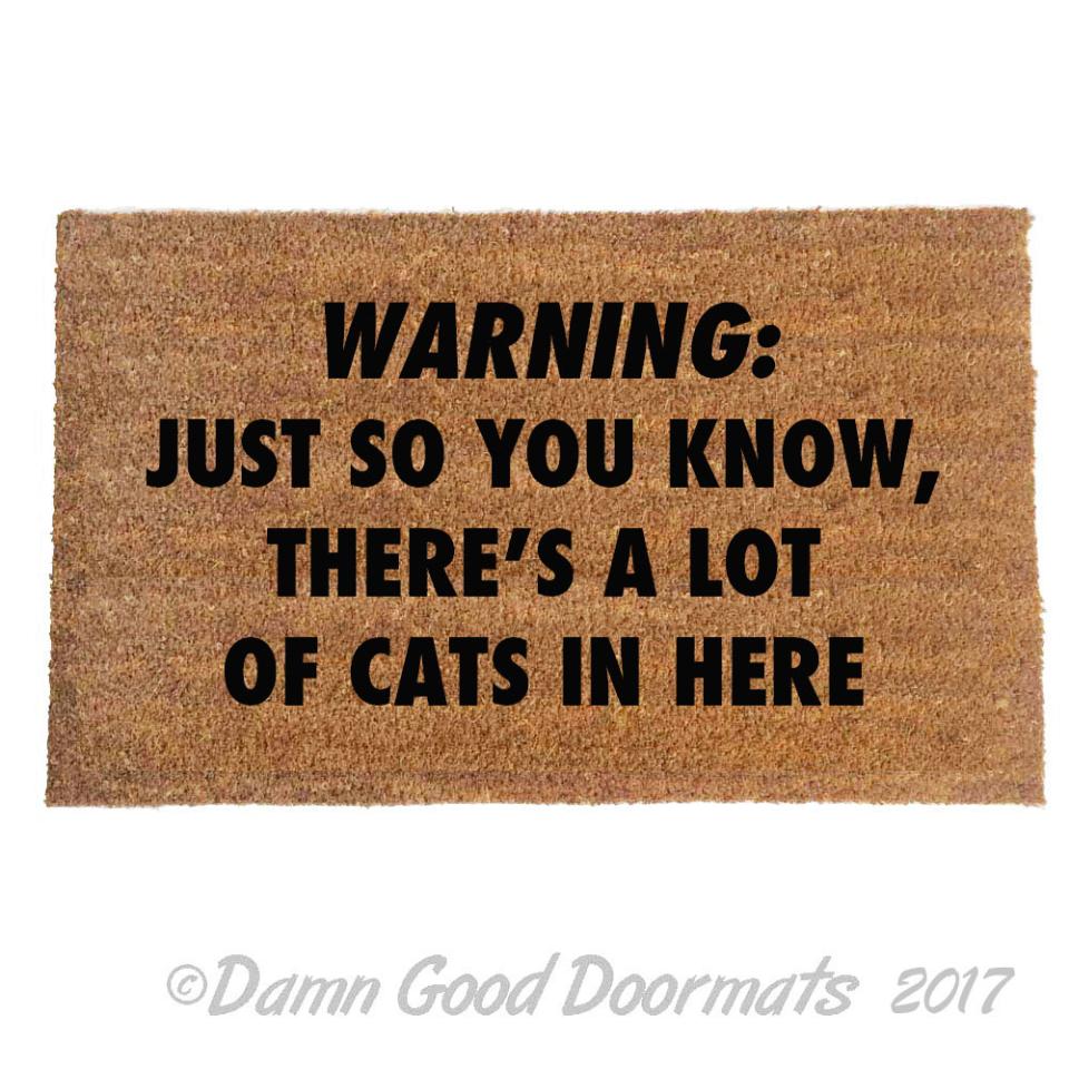 Doormat with warning text reading "CATS: Just so you know, there's a lot of cats in here™"