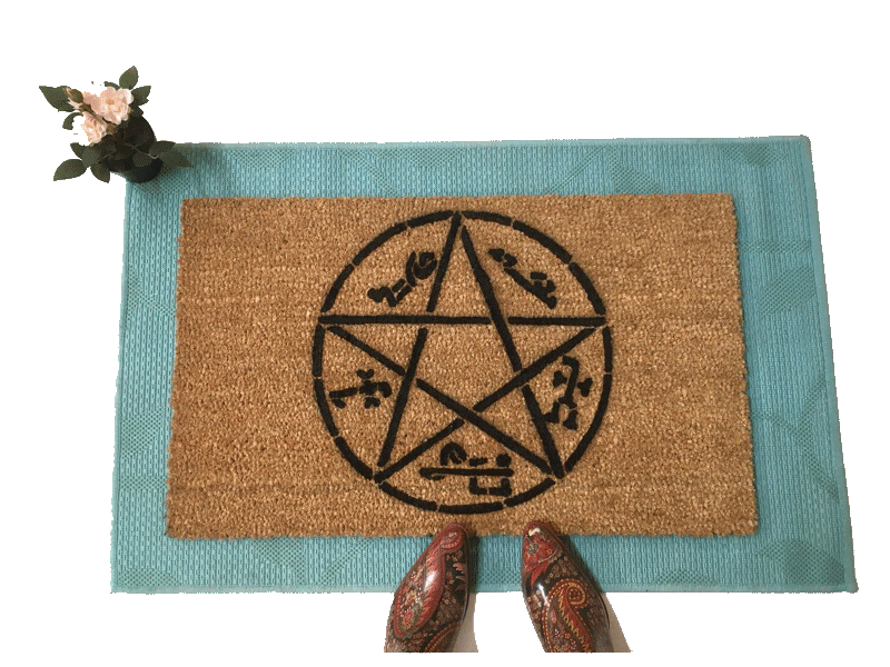 coir doormat with Devil's Trap pentagram design, Halloween welcome mat
