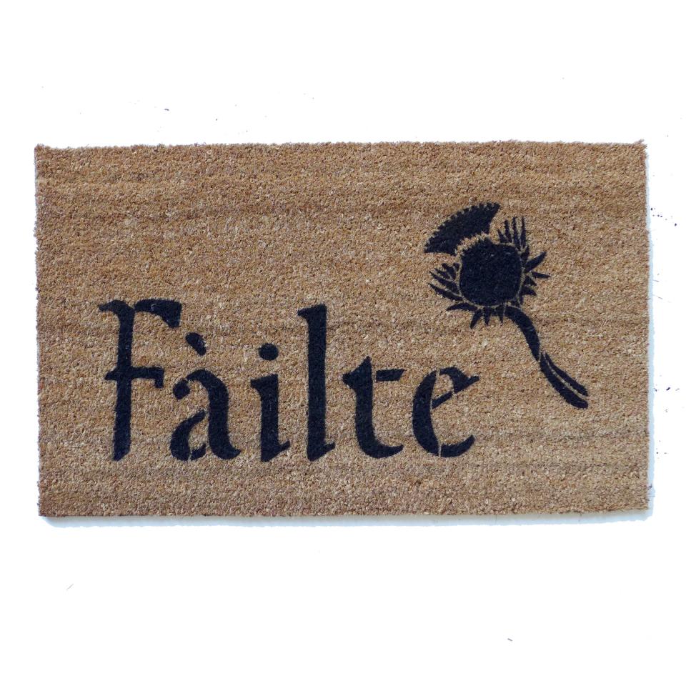 Scottish Fáilte and thistle or Irish Harp doormat