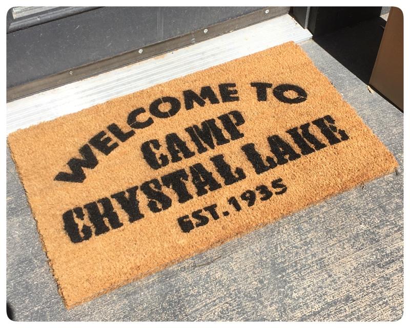 Sustainable coir doormat printed with Camp Crystal Lake Friday the 13th camp welcome design, horror movie doormat