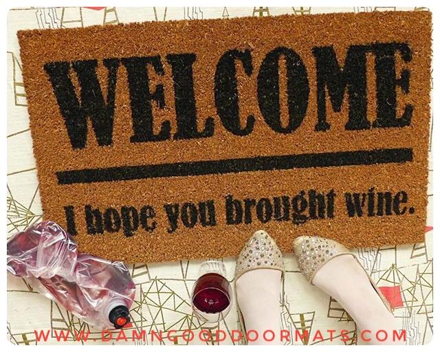 Sustainable coir doormat printed with Wine, Beer, Weed, Cake, Tacos, Vodka funny welcome mat text