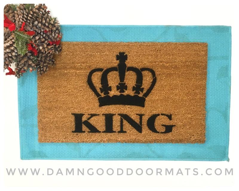 Sustainable coir doormat with crown design and 'The King' text, fun welcome mat for front door