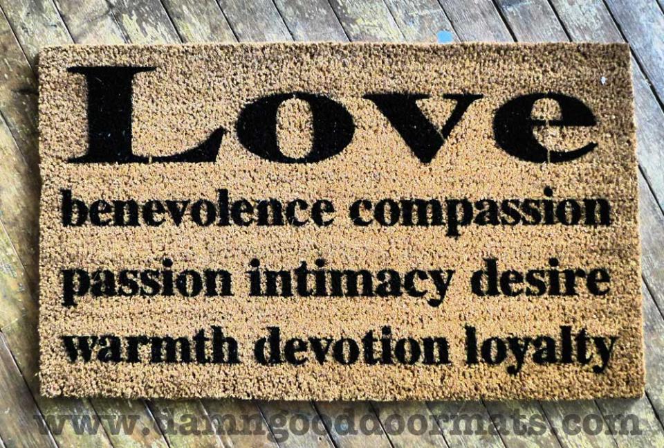 Brown coir doormat with LOVE dictionary definition, funny welcome mat for front door