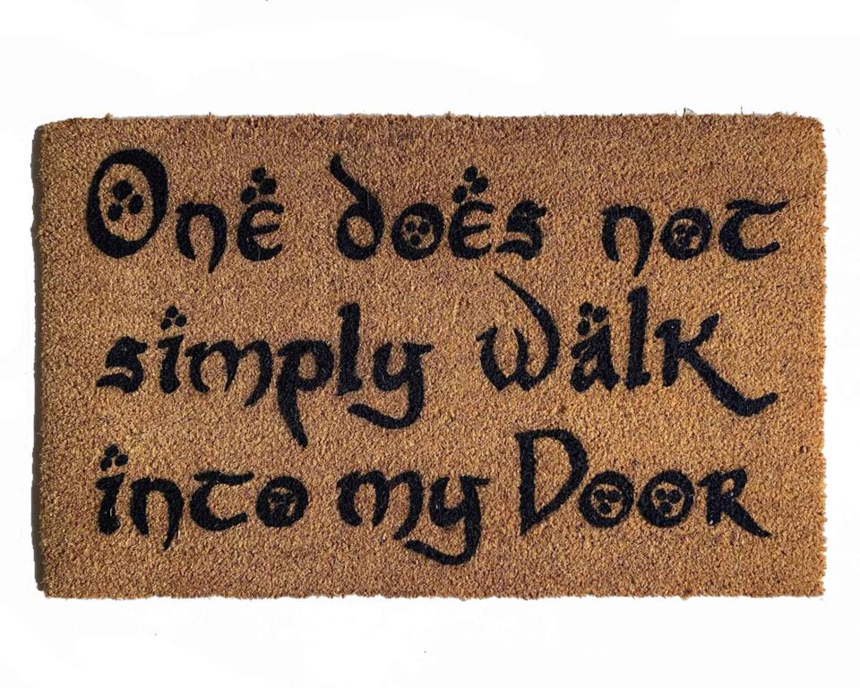coir doormat with 'Walk Into My Door' Lord of the Rings quote, funny outdoor welcome mat