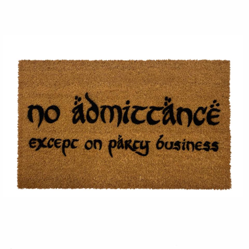 Black coir doormat with 'No Admittance Except on Party Business' Tolkien quote, funny nerdy welcome mat
