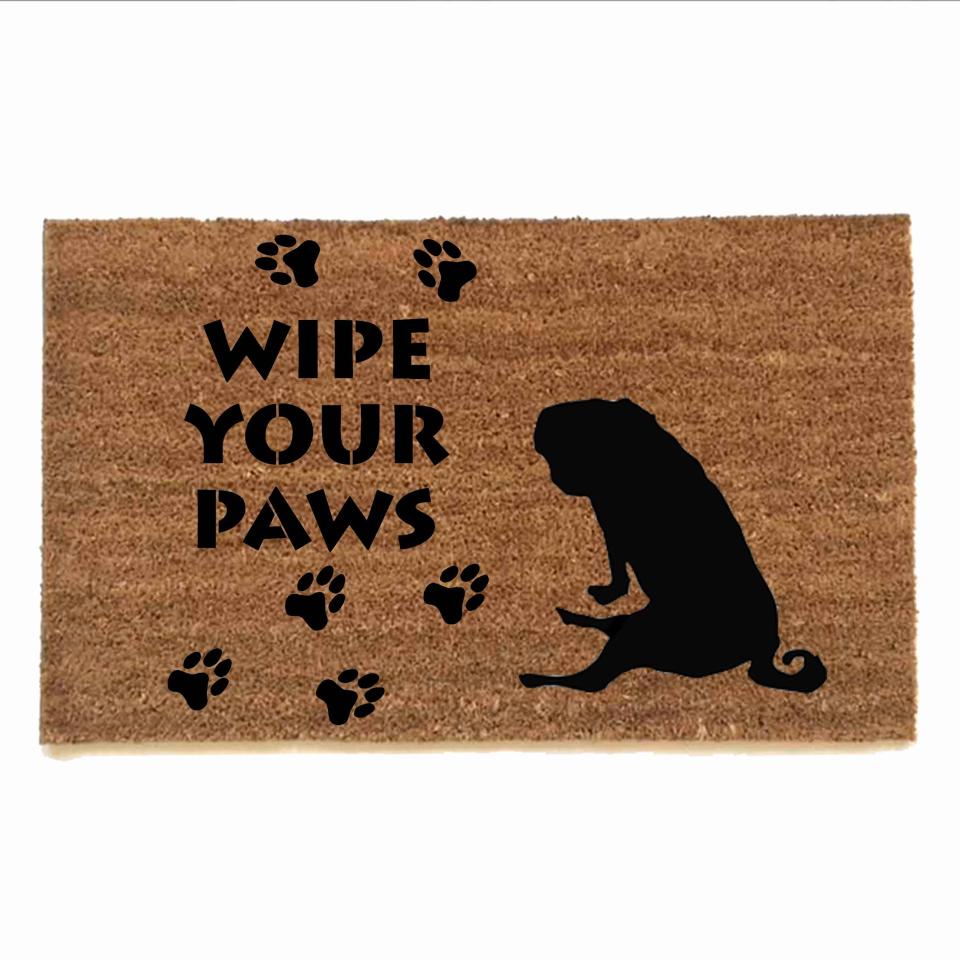 sustainable coir doormat with pug portrait, paw prints reading "wipe your paws"