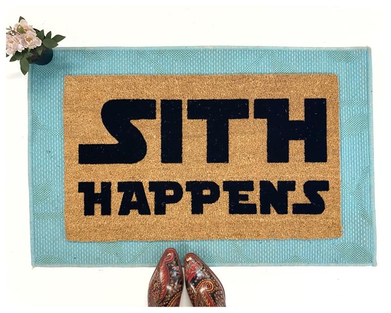Sustainable coir doormat with black ‘Sith Happens’ Dark Jedi Star Wars design, outdoor welcome mat