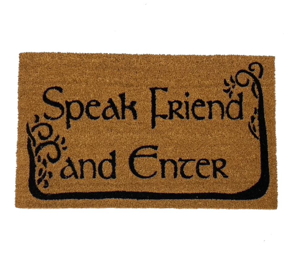 Tan coir doormat with Doors of Durin trees and "Speak Friend and Enter" Tolkien quote