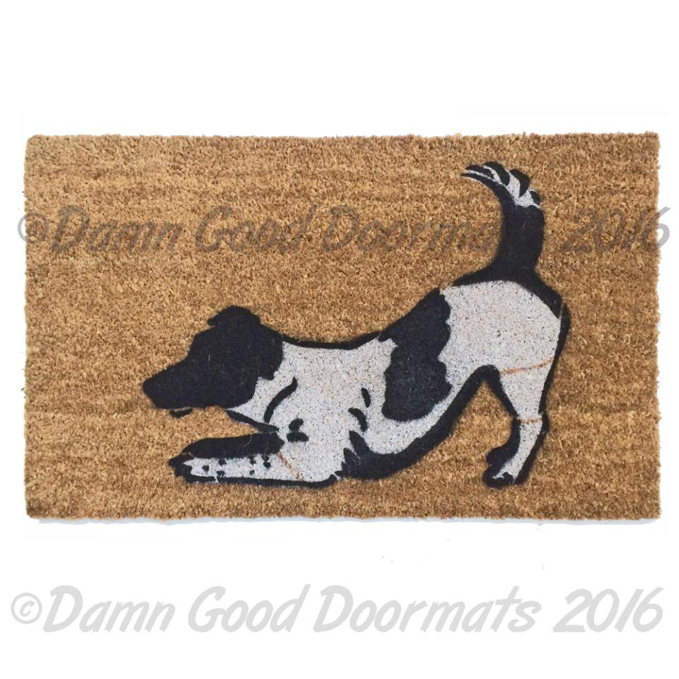 jack russell dog play bow doormat