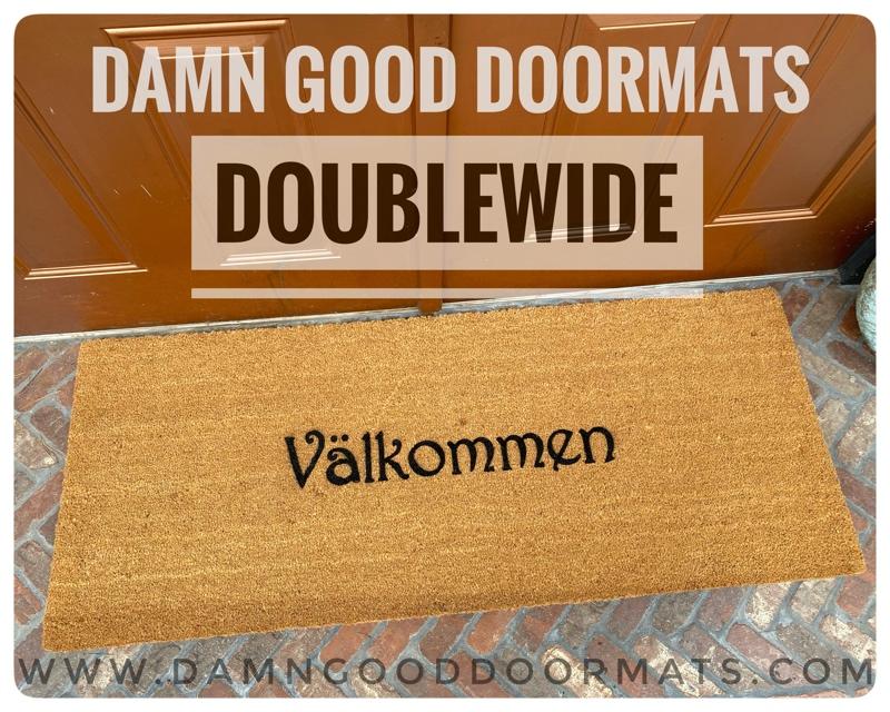 double wide doormat coir doormat reading "Valkommen!!" swedish for welcome