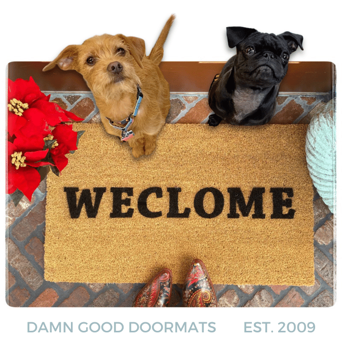 Sustainable coir welcome mat printed WECLOME, funny scrambled-letter doormat for front door