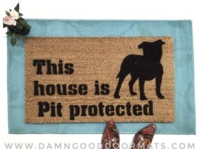 Pit Bull dog portrait doormat saying "This House Is Pit Bull Protected"