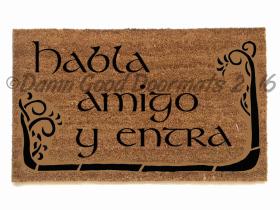 Coir doormat with Spanish Habla y Entra text and carved trees, funny LOTR-inspired welcome mat