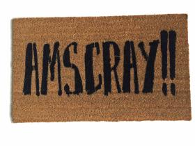 Natural coir doormat with AMSCRAY! in bold black letters — Pig Latin go away welcome mat