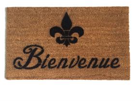 Sustainable coir doormat with black Fleur de Lis design and Bienvenue welcome text