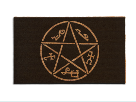 Black coir doormat with white devil's trap pentagram design, Halloween welcome mat