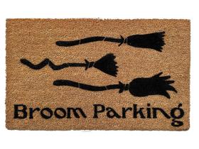 coir outdoor Halloween doormat "Broom Parking" with 3 witches brooms sihouetted