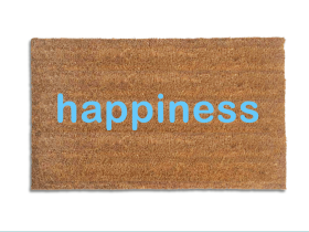 Natural tan coir doormat printed with zen happiness design in turquioselettering, boho welcome mat on a front porch
