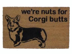 We're Nuts for Corgi Butts doormat with Welsh Corgi illustration