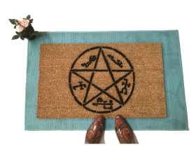 coir doormat with Devil's Trap pentagram design, Halloween welcome mat