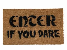 Black coir doormat with gothic lettering reading Enter If You Dare, Halloween welcome mat