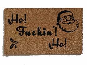 Sustainable coir doormat reading Ho Fuckin' Ho with Santa, funny Christmas welcome mat