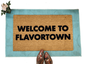 Sustainable coir doormat printed with Welcome to Flavortown funny welcome mat
