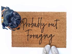 Probably out Foraging doormat pictured with a black pug