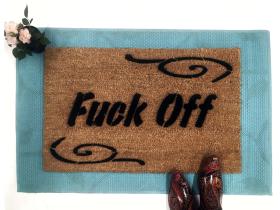 Natural coir doormat with Fuck Off printed in bold black letters with custom border — the original rude welcome mat